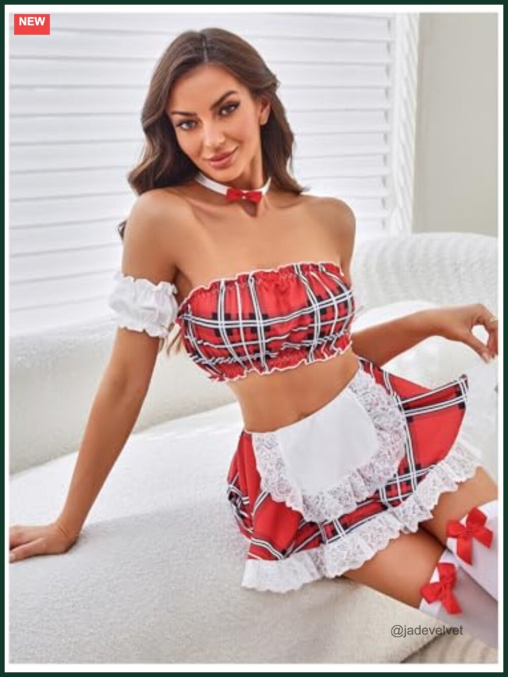 Plaid Lace Ruffle Maid Lingerie Costume Set Strapless Mesh - Picture 2 of 5
